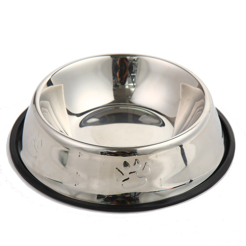 Angled view of a stainless steel pet bowl with rounded rim and bonded black rubber foot
