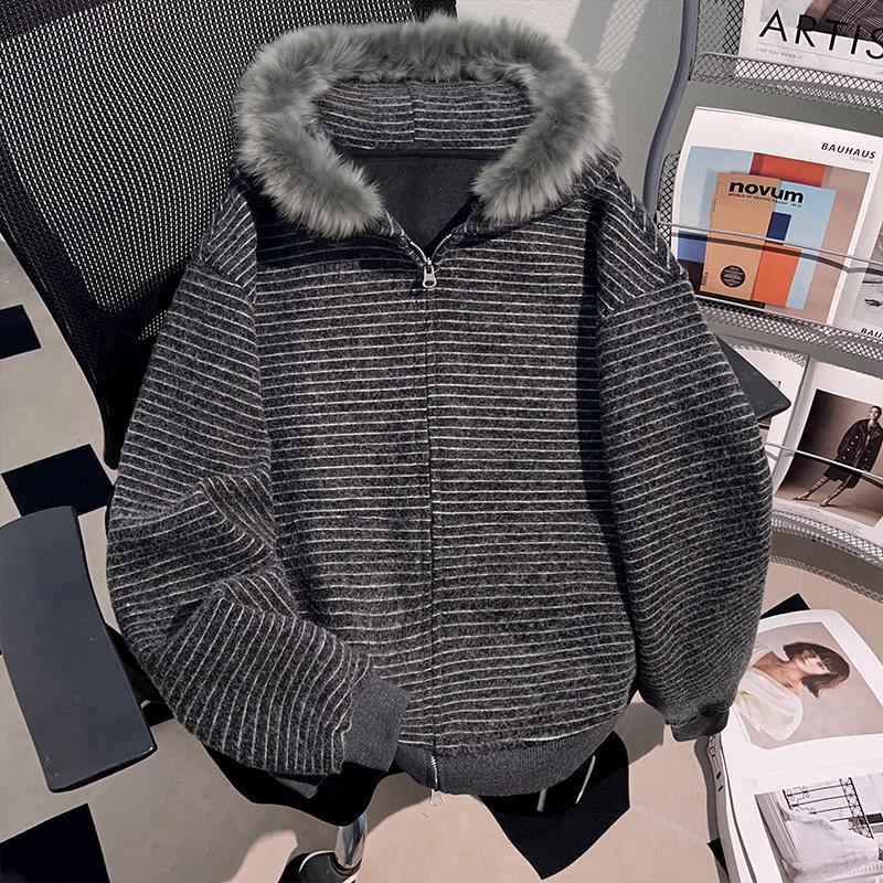 Black striped hooded zip cardigan, Thick velvet lined in size 2XL, front view with a gray fur trim hood
