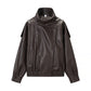 Women's oversized PU leather moto jacket with stand collar and elastic hem, Brown XXL option