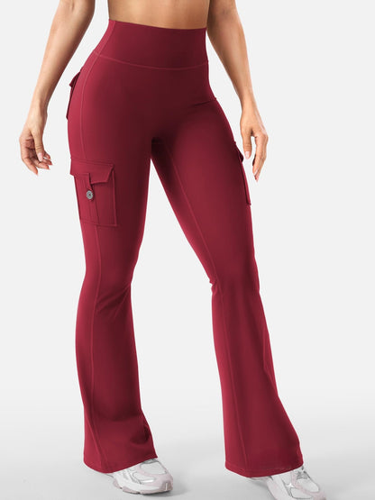 Flared hem of compression yoga pants shown beside the knee