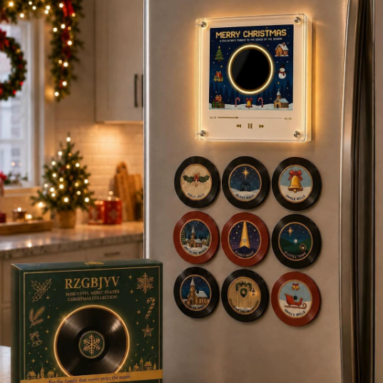Light up music player and nine song discs arranged on a fridge door