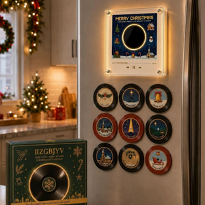 Light up music player and nine song discs arranged on a fridge door