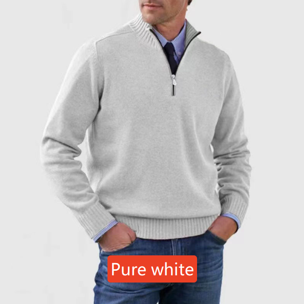 Pure white mens acrylic knit quarter zip stand collar pullover sweater worn by a standing male model
