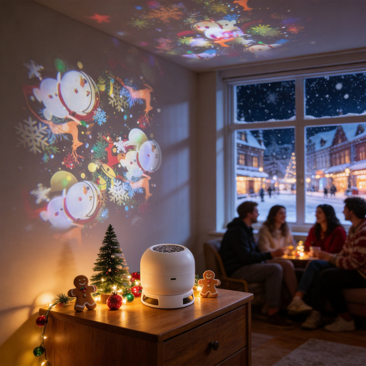 Small white projector lamp on a wooden dresser by a Christmas tree, throwing Santa and snowflake patterns on the wall