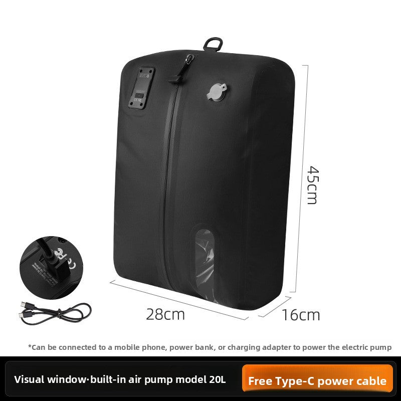 Built-in pump 20L black bag with 45 by 28 by 16 cm marks and a Type-C power cable, option Built-in Pump 20L