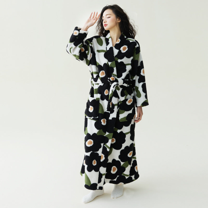 Black Rose Print long fleece robe with large black and white flowers, belted at the waist, worn by a model