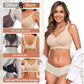 Comparison panel with a woman in a nude wireless bra and briefs holding a white shirt