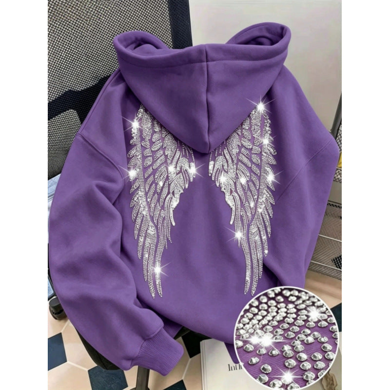 Purple pullover hoodie with rhinestone wings on the back and a stone close-up, option photo for Purple S