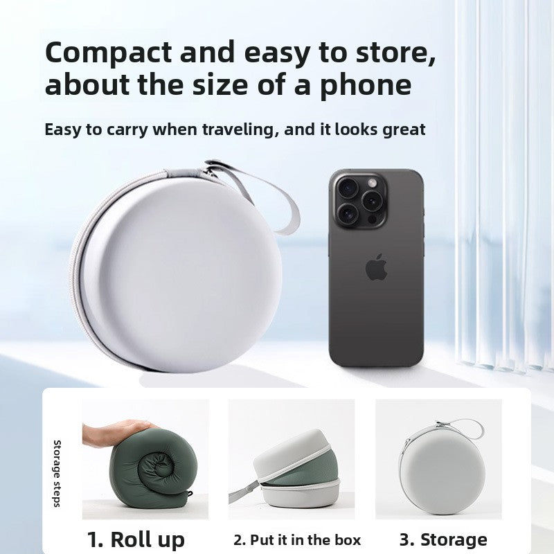 Round gray EVA storage box next to a phone with three steps to roll up and store the neck pillow