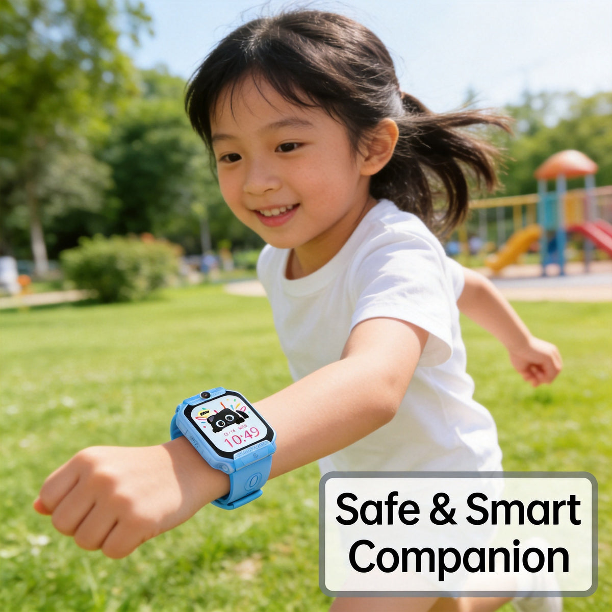 Child in a white t-shirt running on grass with a blue smart phone watch on the wrist, caption Safe and Smart Companion