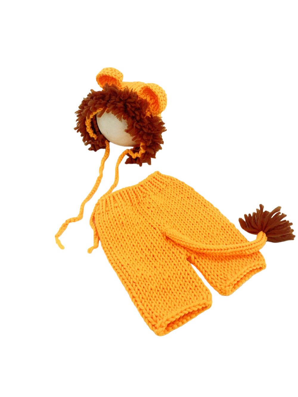 Orange knit lion bonnet with a brown mane and matching knit shorts on a white background