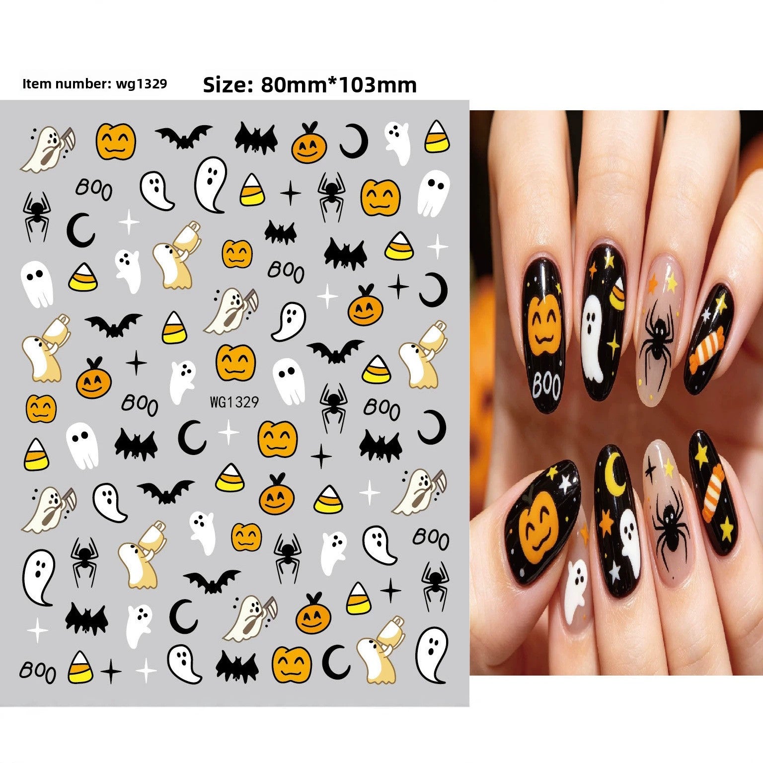 Halloween nail decals shown as a finished manicure with skulls and pumpkins
