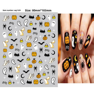 Halloween nail decals shown as a finished manicure with skulls and pumpkins