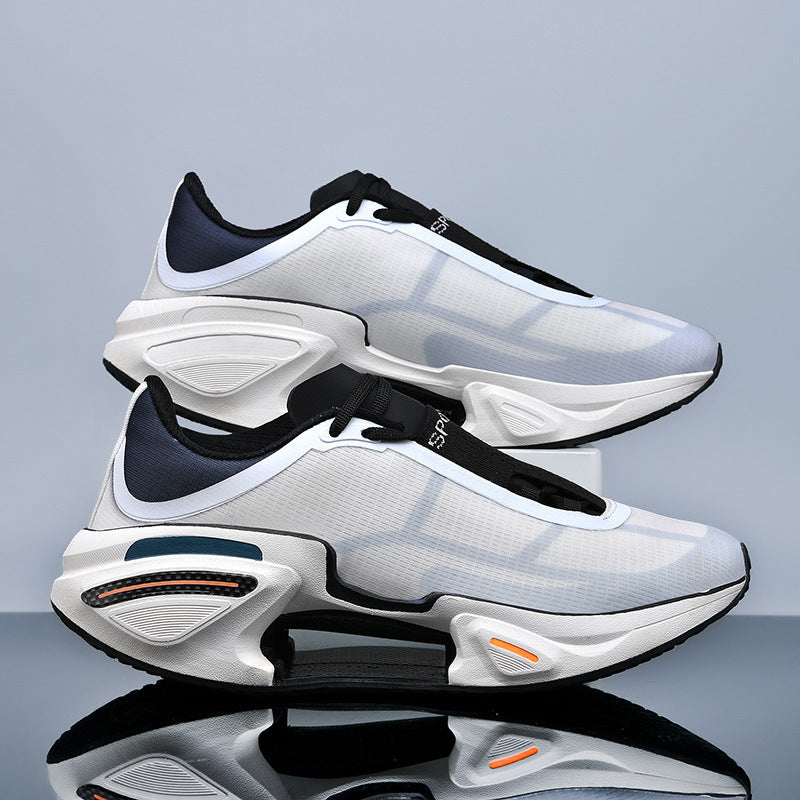 Side view of the sneaker showing the sculpted rubber sole and lace up SPORT panel