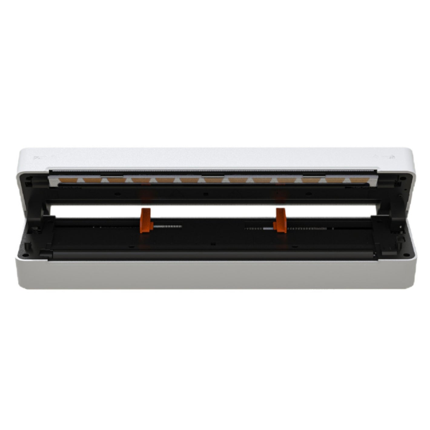 White A4 thermal printer with the lid open, showing the full width thermal print head and two orange paper guides