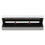 White A4 thermal printer with the lid open, showing the full width thermal print head and two orange paper guides