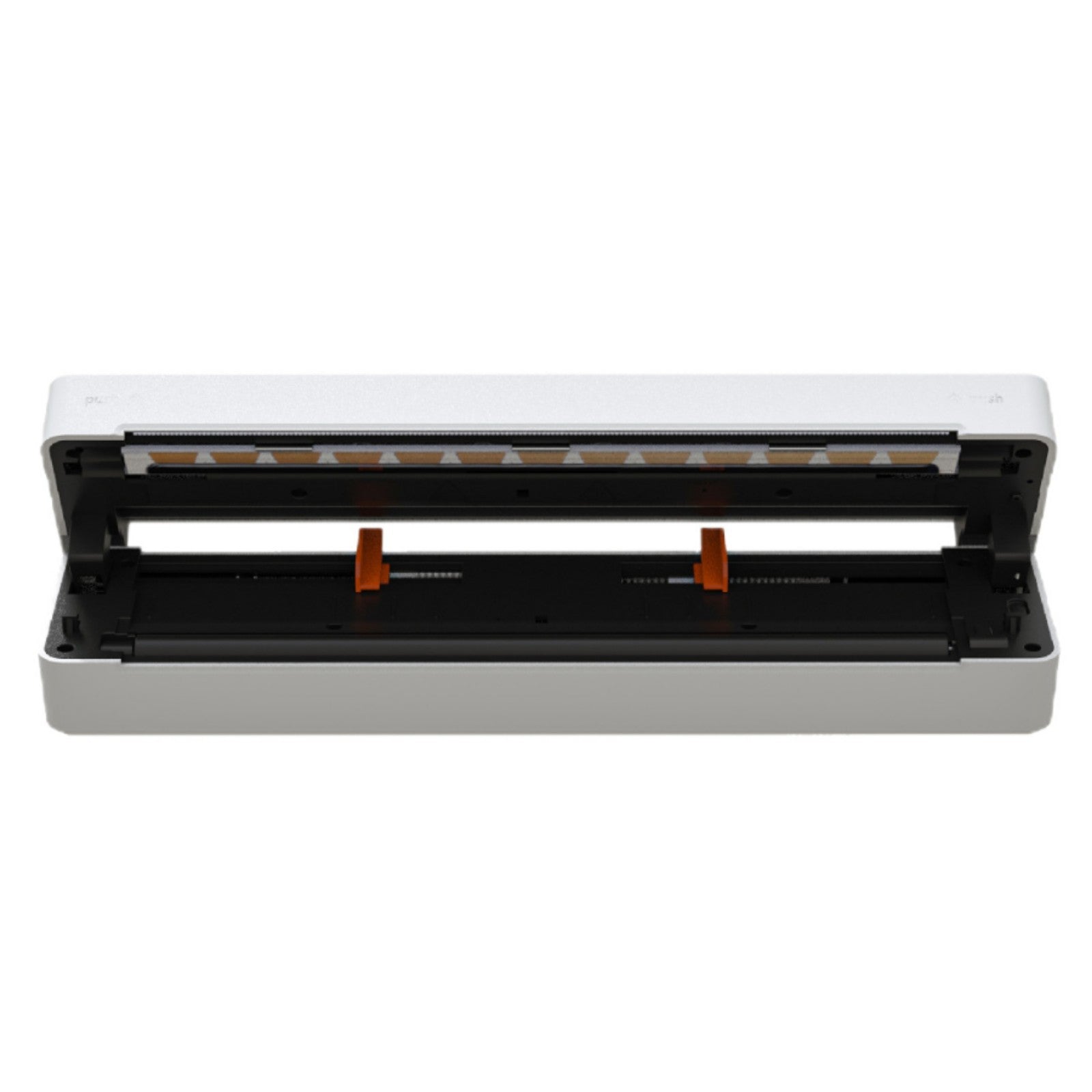White A4 thermal printer with the lid open, showing the full width thermal print head and two orange paper guides