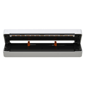 White A4 thermal printer with the lid open, showing the full width thermal print head and two orange paper guides