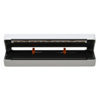 White A4 thermal printer with the lid open, showing the full width thermal print head and two orange paper guides