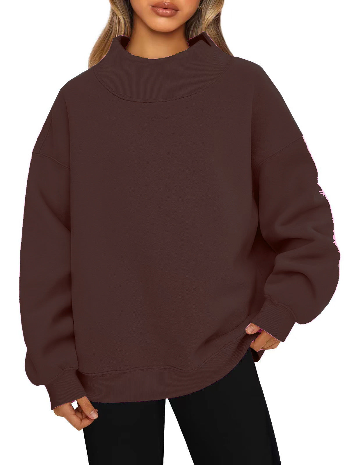 Dark brown oversized mock neck sweatshirt with ribbed cuffs and hem, worn with black leggings, photo for size XL