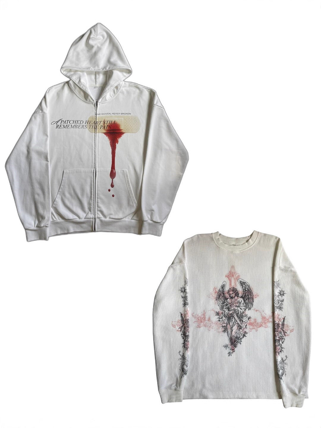 White zip-up hoodie with full-length front zipper and kangaroo pocket in brushed fleece