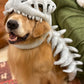 Golden retriever wearing a gray plush dinosaur skull hood with a padded skeleton spine along its back