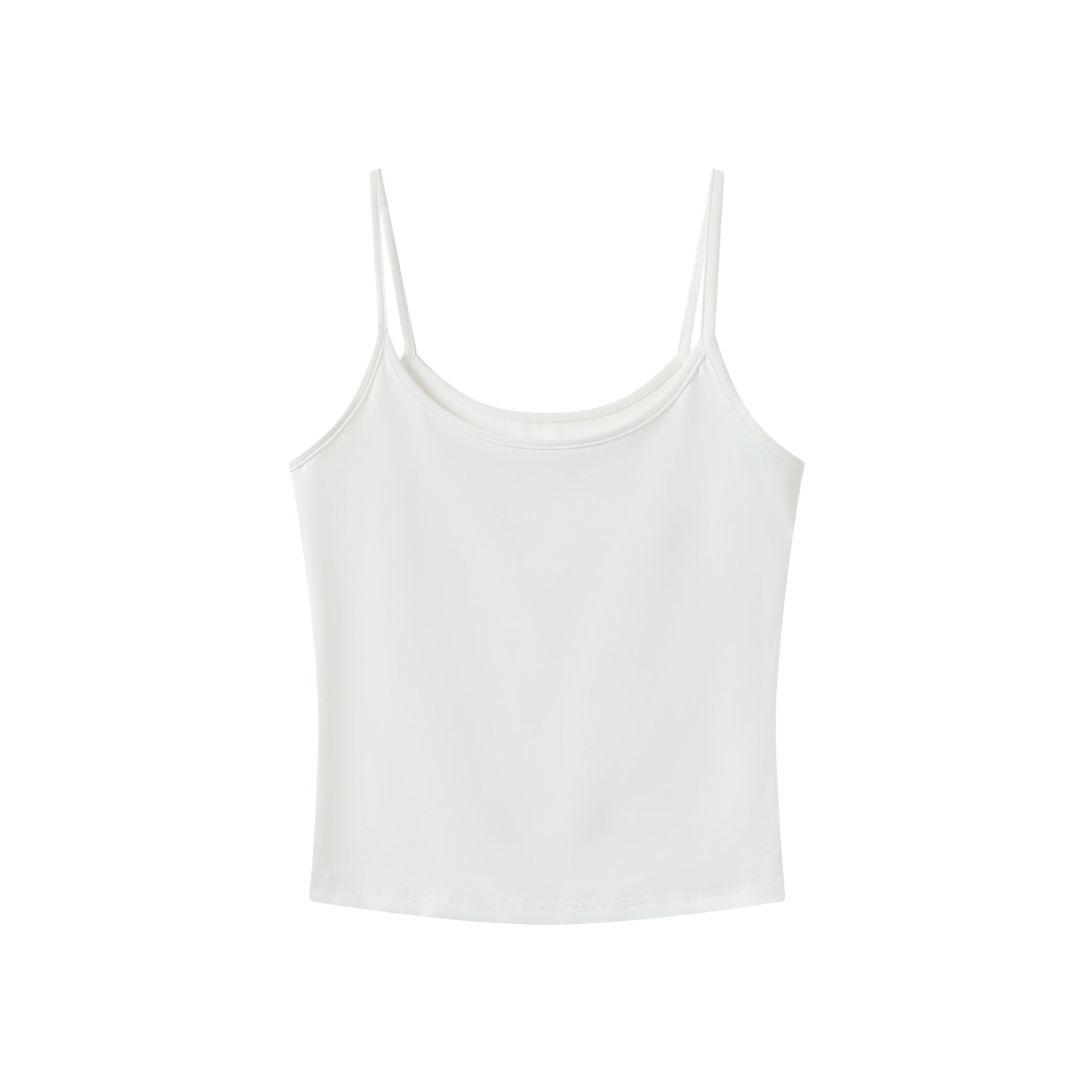 Two thin adjustable spaghetti straps on a fitted scoop neck camisole