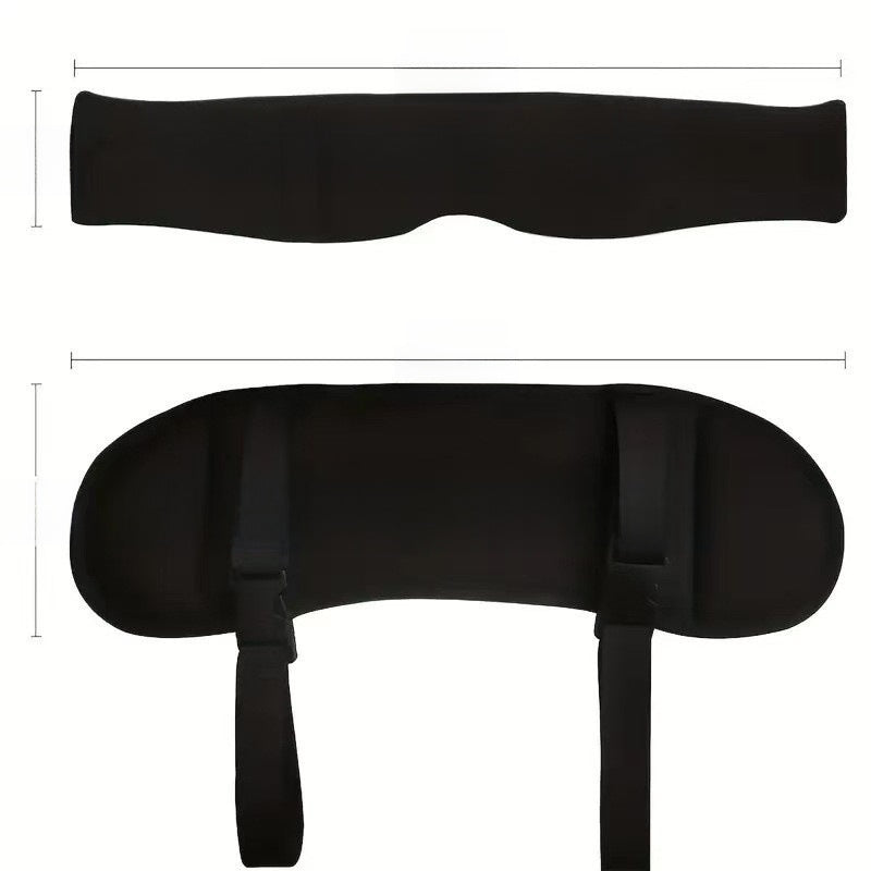 Flat view of a black long eye mask and a black pillow back with two buckle straps, Pillow Standard Eye Mask Long option