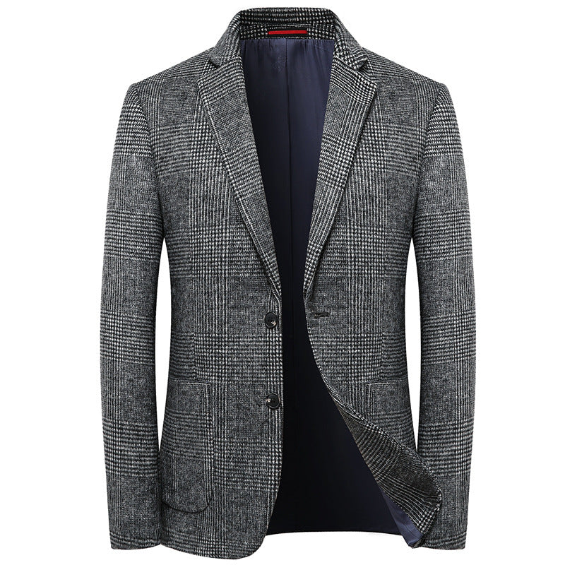 Mens checkered wool blend two button blazer in grey, two button front detail