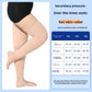 Black closed toe knee high compression sock on the leg against a soft blue backdrop