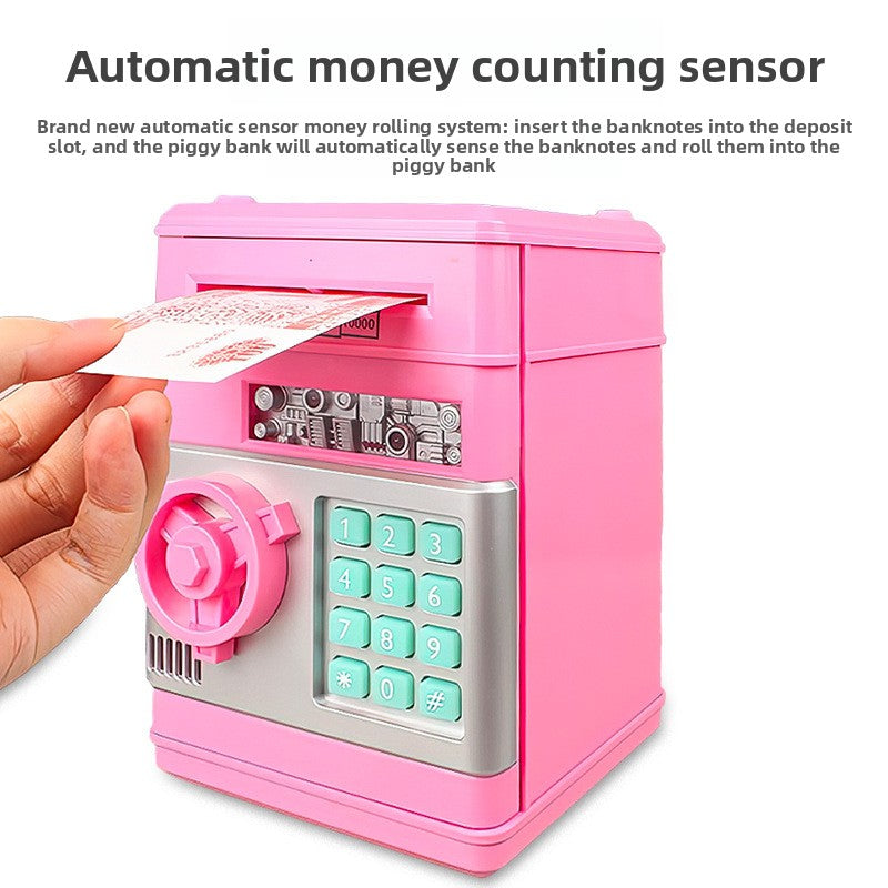 Money box with a note slot that rolls banknotes in with a motor, shown close up