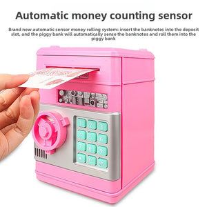 Money box with a note slot that rolls banknotes in with a motor, shown close up