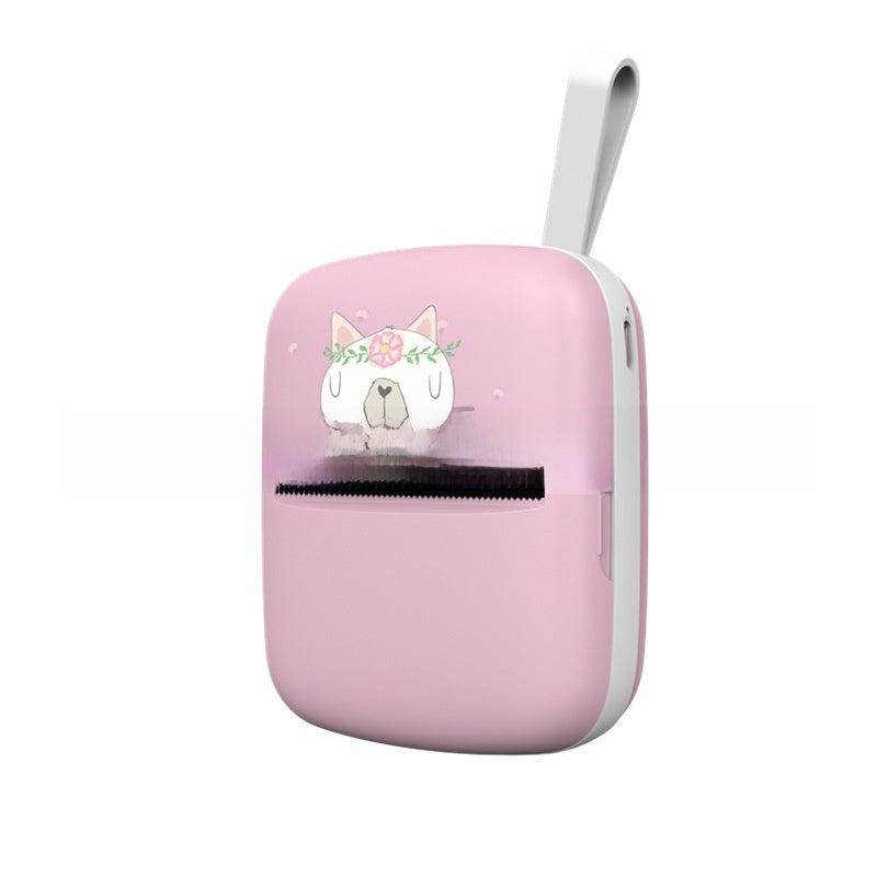 Pink thermal printer with a cat wearing a flower crown illustration and a paper strip at the top, A8 pink option