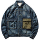 Flat lay of faded denim work jacket with denim and olive canvas chest pockets