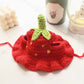 Red strawberry crochet pet hat showing golden seed stitches, flat lay