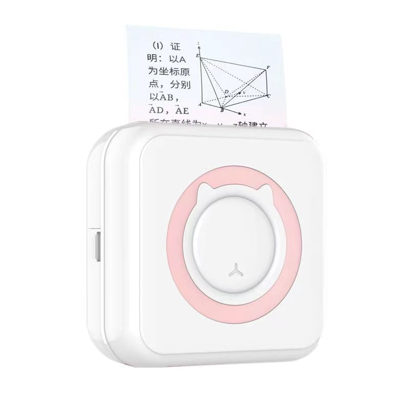 White thermal printer with a pink cat ear ring printing a sheet of notes from the top, C15 pink option