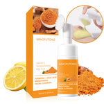 White MIAOFUTONG pump bottle of turmeric foaming cleanser beside its orange carton with brush head