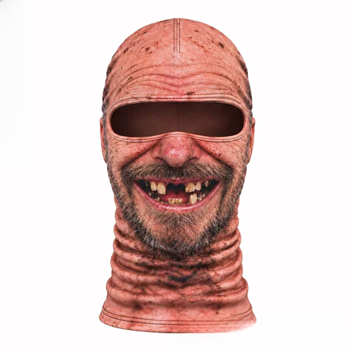 Printed elder face balaclava Elder1 in IceSilk with stubble beard and gap-toothed grin on a white background