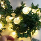 Bubble flower LED fairy string light on a green leaf vine with a warm glow, decorative photo