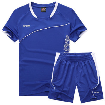 Royal blue two piece training kit, raglan sleeve jersey and elasticated waist shorts