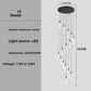Specification panel of the 15 heads spiral LED chandelier with aluminum acrylic tubes, dimensions and light source