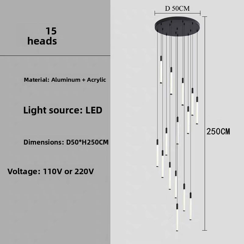 Specification panel of the 15 heads spiral LED chandelier with aluminum acrylic tubes, dimensions and light source