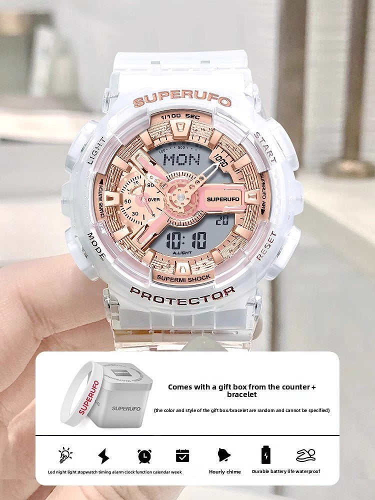 Replaceable button battery shown next to the watch back