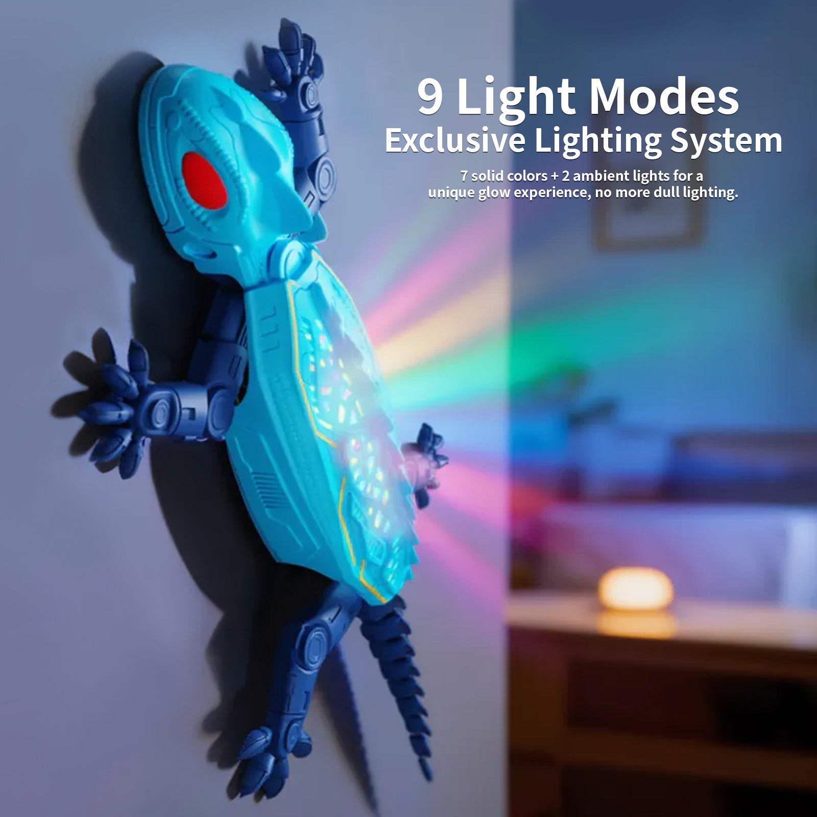 Blue remote control lizard toy climbing a wall, its patterned back glowing in colour