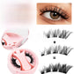 Pink round magnetic lash case beside a close-up eye and a top and bottom black lash strip diagram