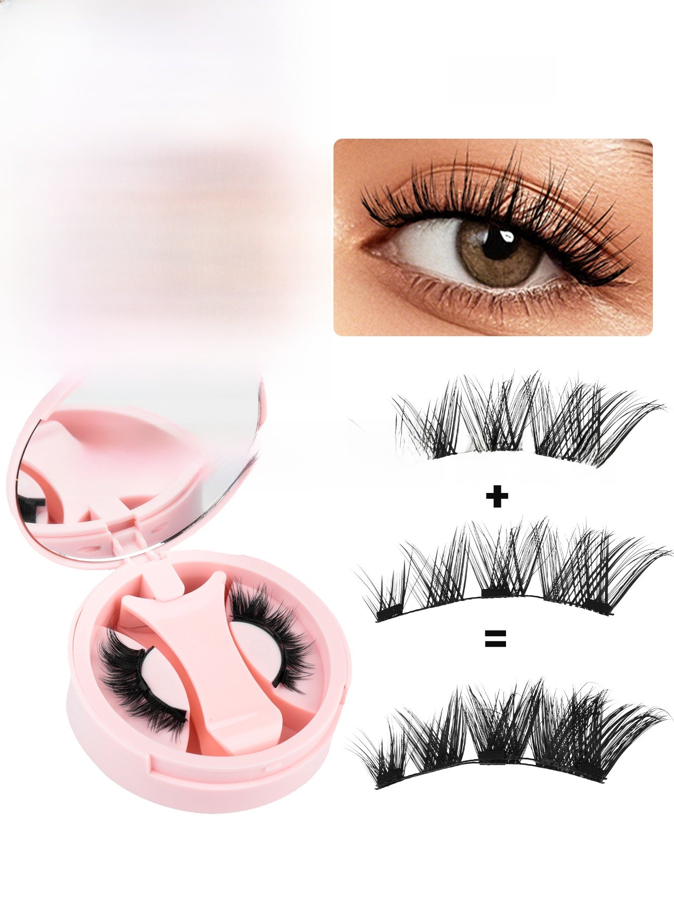 Pink round magnetic lash case beside a close-up eye and a top and bottom black lash strip diagram