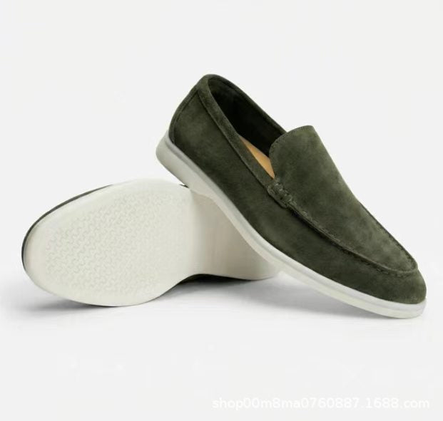 Olive green suede slip-on loafer with a rounded toe and a thick pale sole, size 41 option