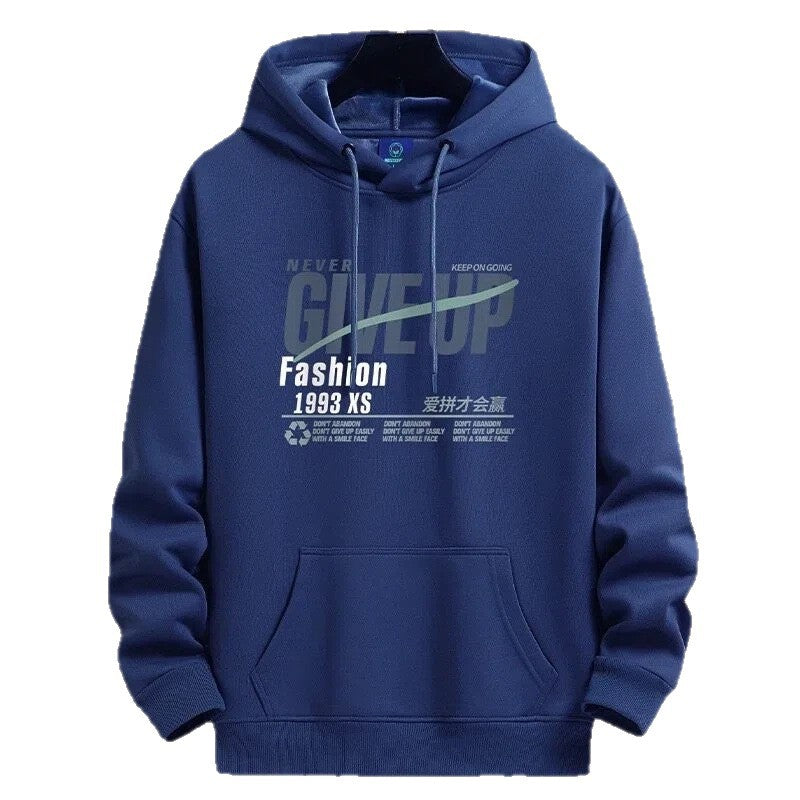 Navy blue fleece-lined hooded sweatshirt with a NEVER GIVE UP print and a front kangaroo pocket