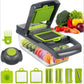 Multifunction vegetable chopper shown with interchangeable blade inserts and drain basket