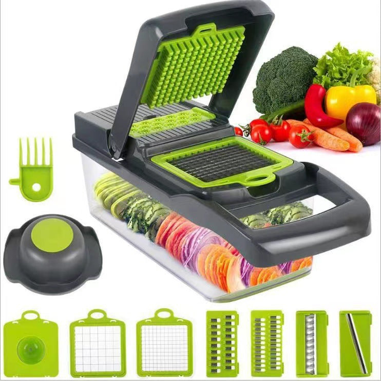 Multifunction vegetable chopper shown with interchangeable blade inserts and drain basket